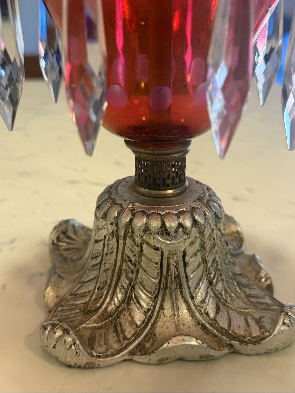Vintage Pair GIM Cranberry Glass Hurricane Candle Lamps Crystal Prisms Boudoir - Picture 8 of 16